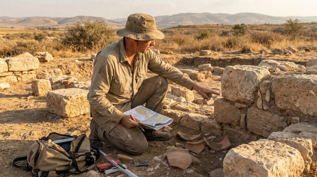 Archaeologist examining ruins with map and tools in Zaretan.