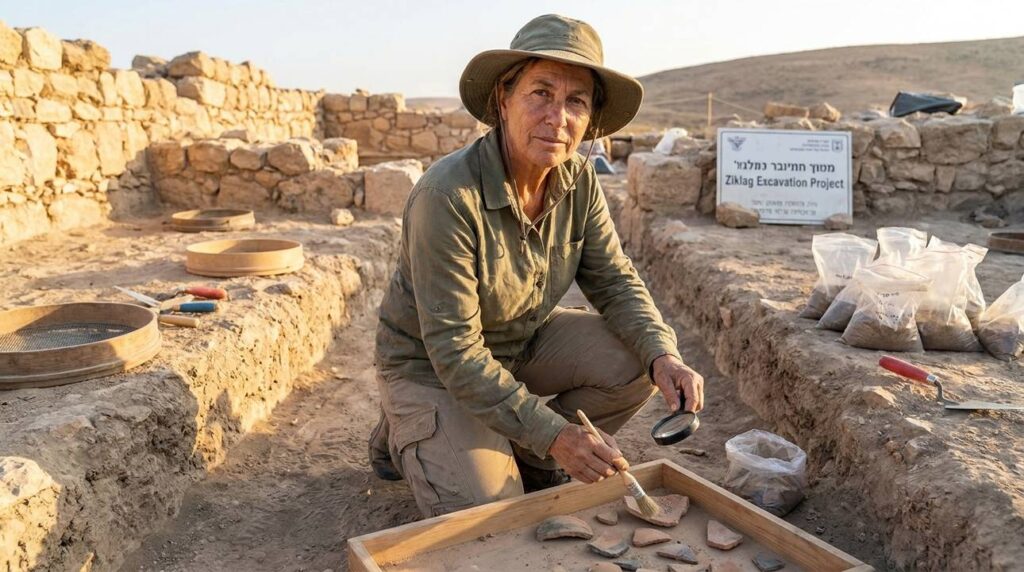 Israeli archaeologist examines artifacts at Ziklag site in morning light.