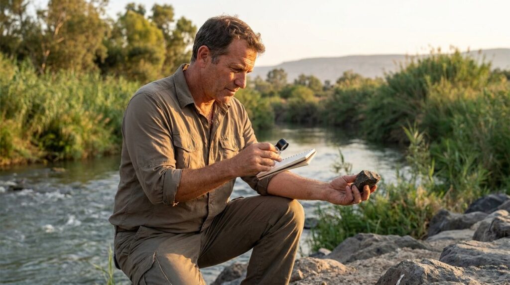 Israeli historian examines ancient rocks by Jordan River with notebook.