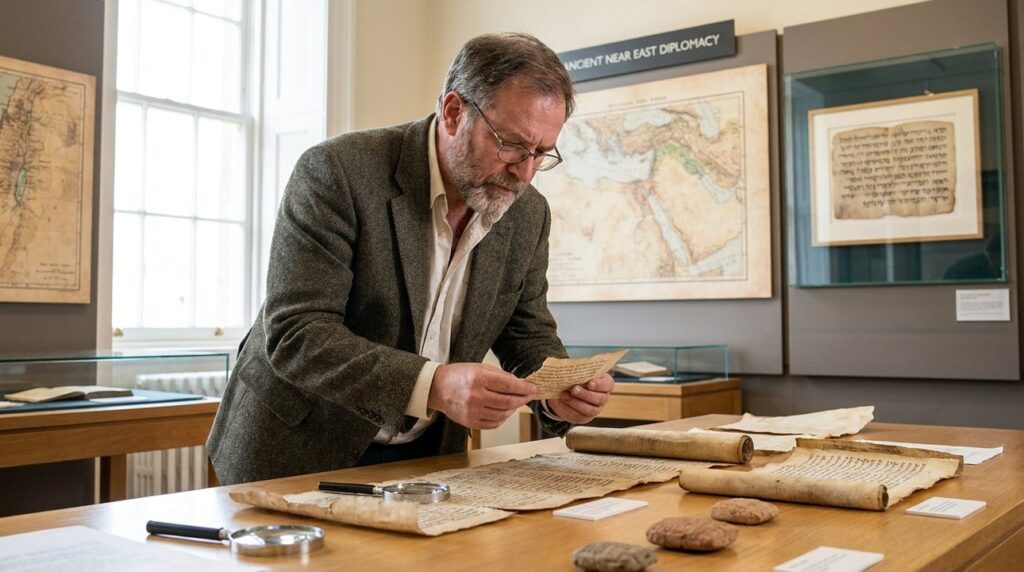 Israeli historian examining ancient scrolls in a museum with background maps.