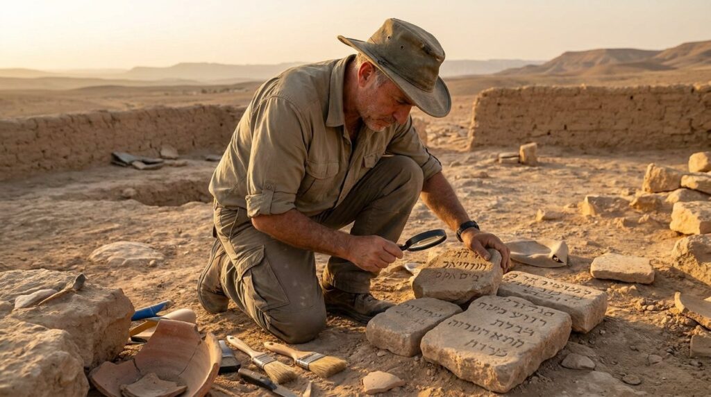 Israeli archaeologist examines ancient inscriptions at Arad, Negev desert background.
