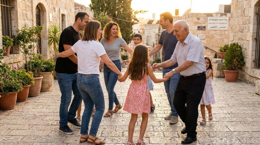Israeli family of all ages dancing in outdoor courtyard in Nazareth.