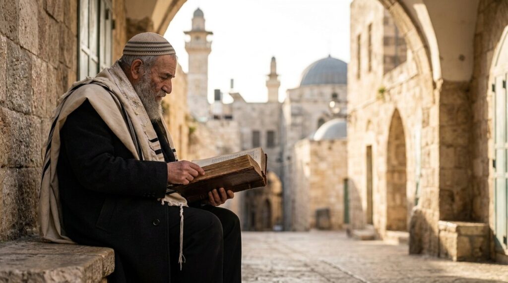 Elderly Israeli man in kippah and talit reading religious texts.