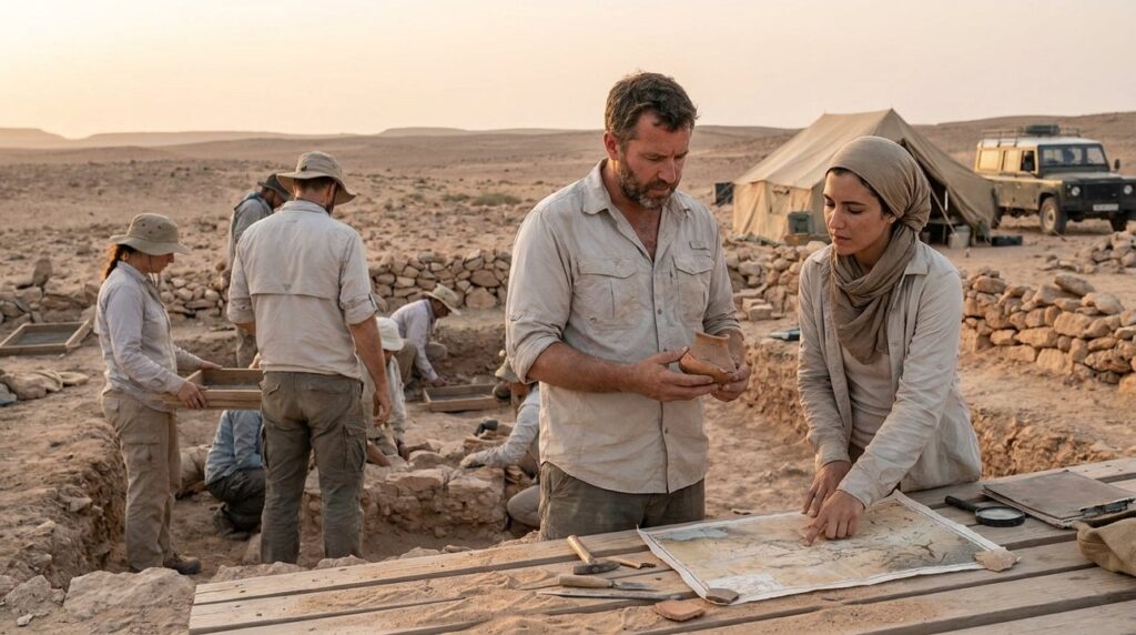 Archeologists examining artifacts at a Middle Eastern desert excavation site.