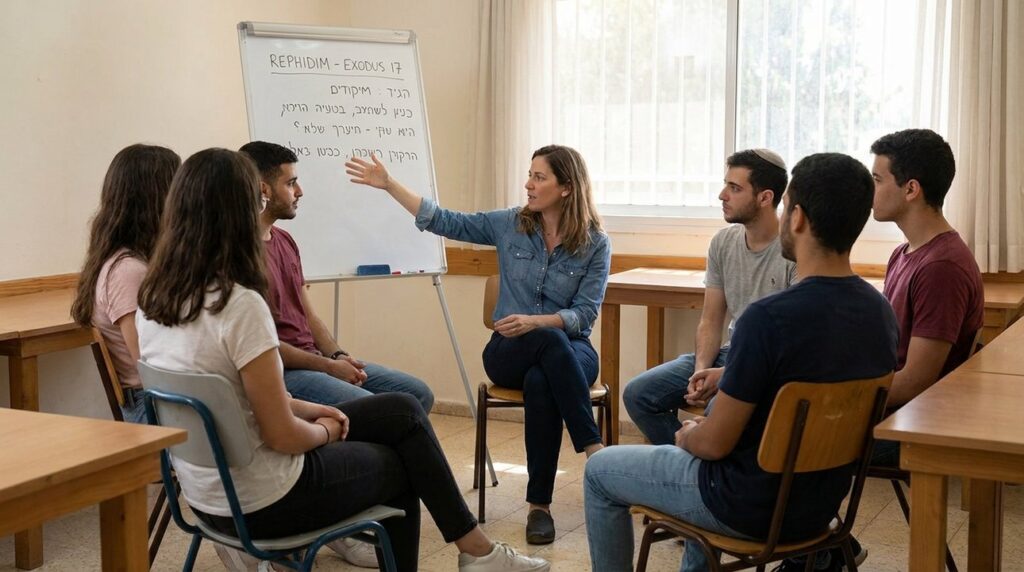 Israeli teacher discusses Rephidim with young adults in sunlit classroom.