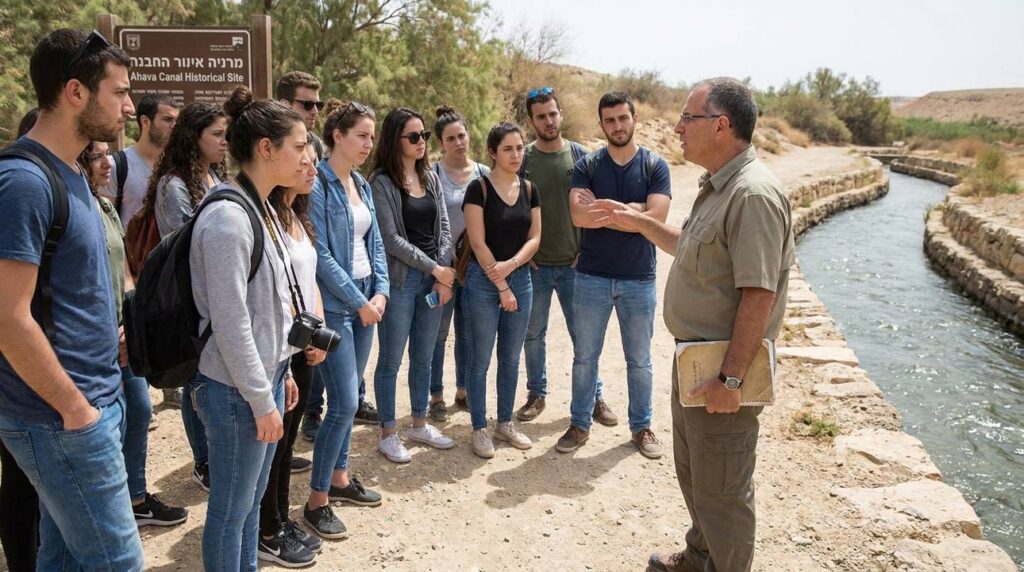 Group of young Israeli students listening to historian by canal.
