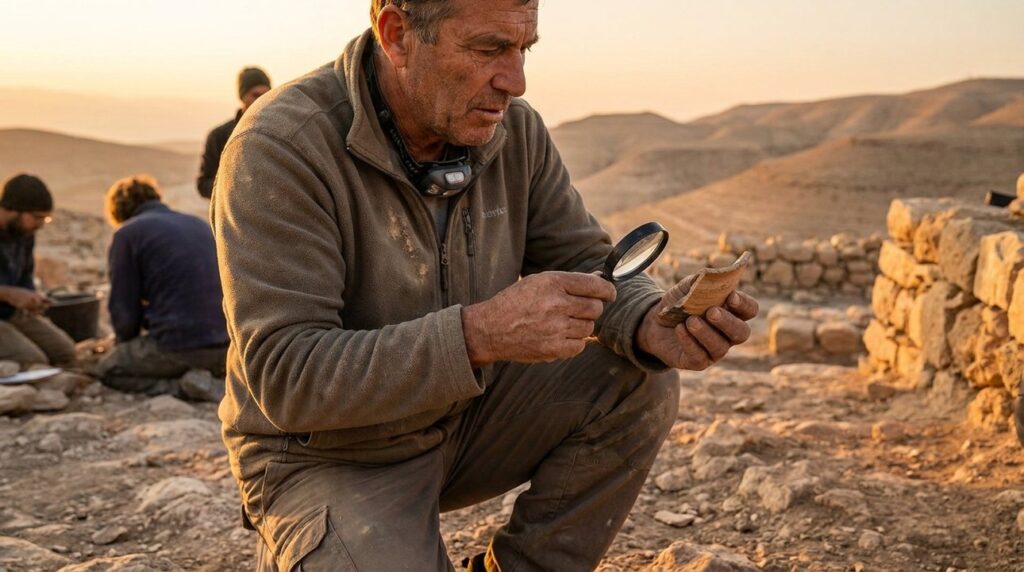 Middle-aged Israeli archaeologist examines pottery shards in Maon region.