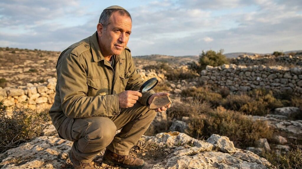 Israeli historian examines artifacts at Ephes Dammim in early morning light.