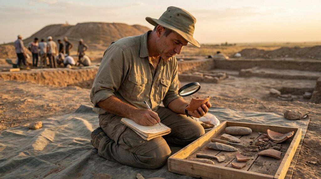 Middle-aged archaeologist examines artifacts at Tell Brak excavation site.