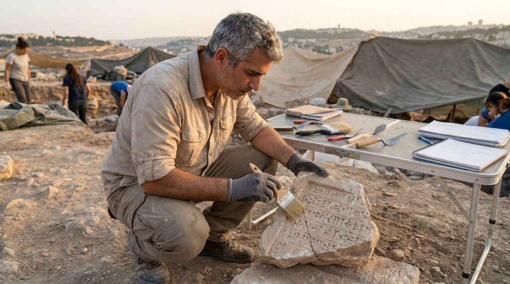 Israeli archaeologist examining Assyrian artifacts near Jerusalem in late afternoon light.