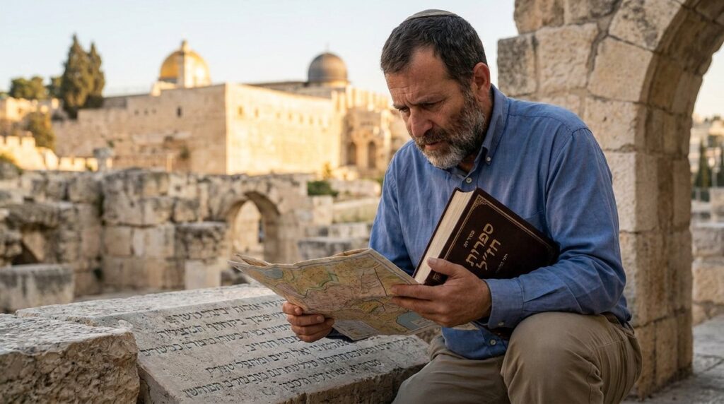 Israeli historian examines ancient ruins in Jerusalem with map and book.