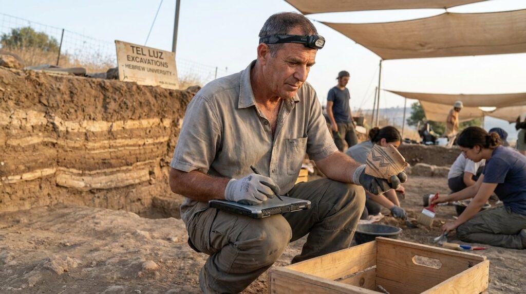 Israeli archaeologist examines ancient artifacts at Luz dig site.