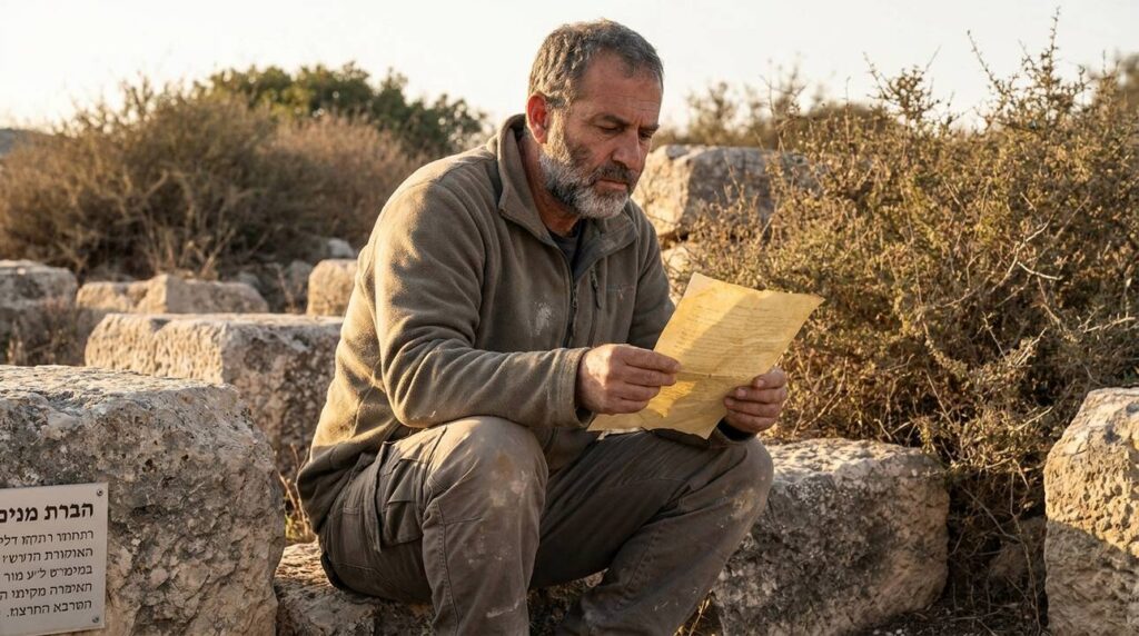 Israeli historian reads ancient document at Ramah ruins, sparse vegetation.