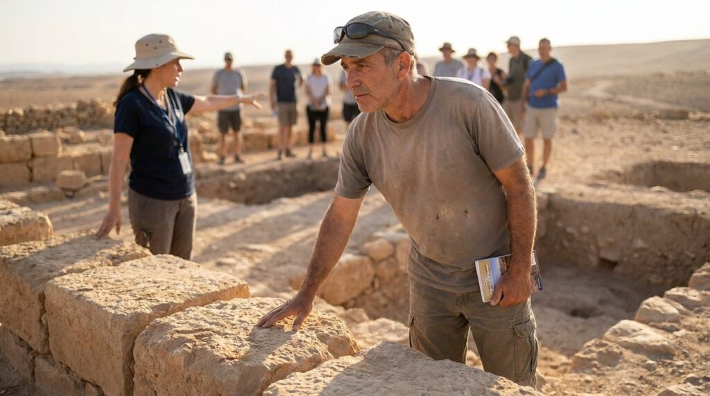 Middle-aged man examining ancient ruins in Negev desert.