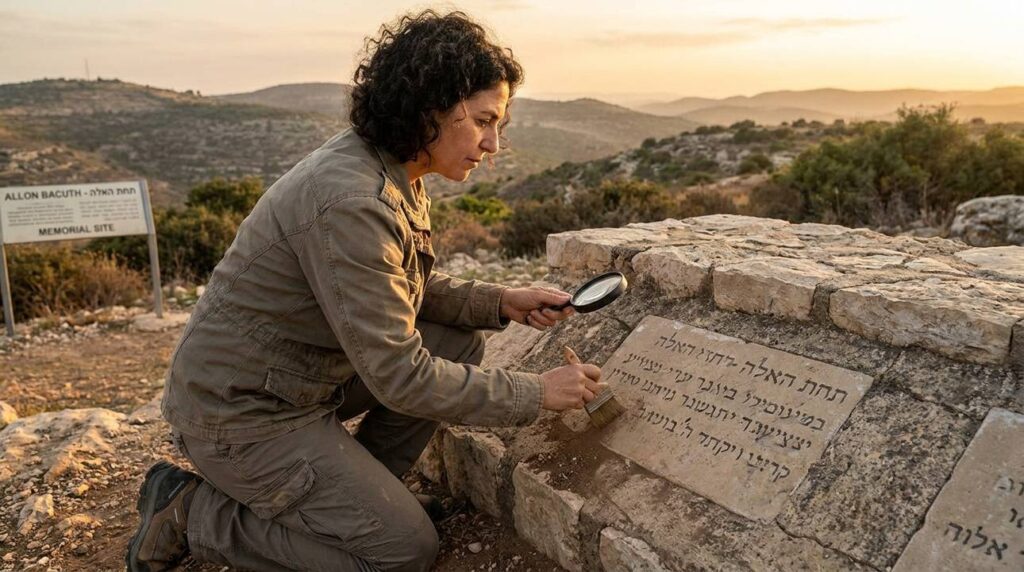 Israeli historian examines ancient inscriptions at Allon Bacuth memorial site.