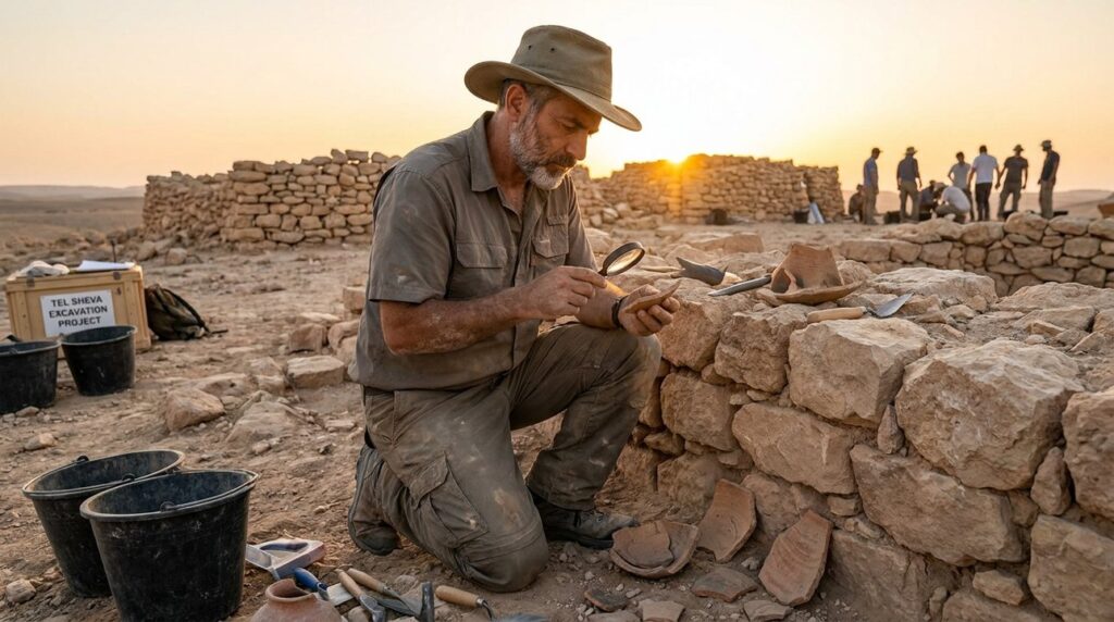 Israeli archaeologist examining ancient ruins in the Negev Desert.