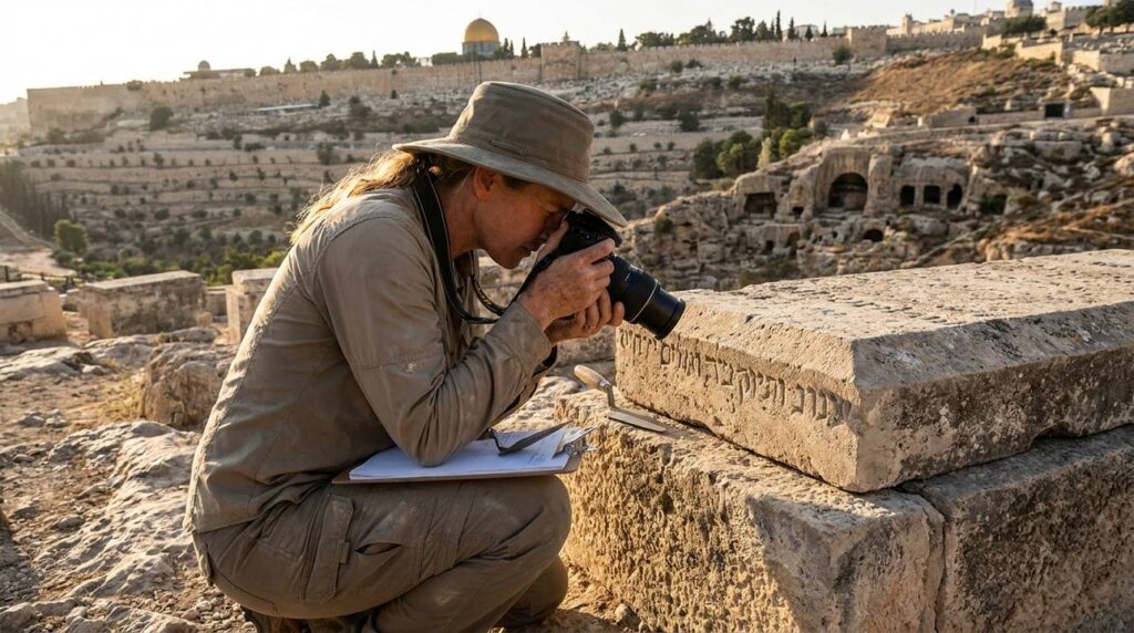 Israeli archaeologist documenting ancient tombs in Kidron Valley at sunset.