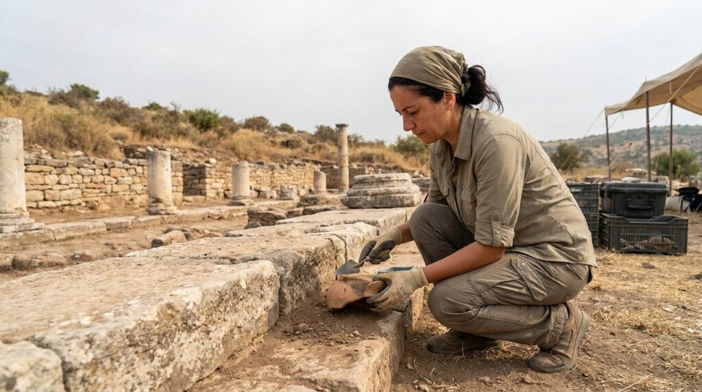 Turkish archaeologist examines ancient artifacts at Bithynia ruins in Turkey.