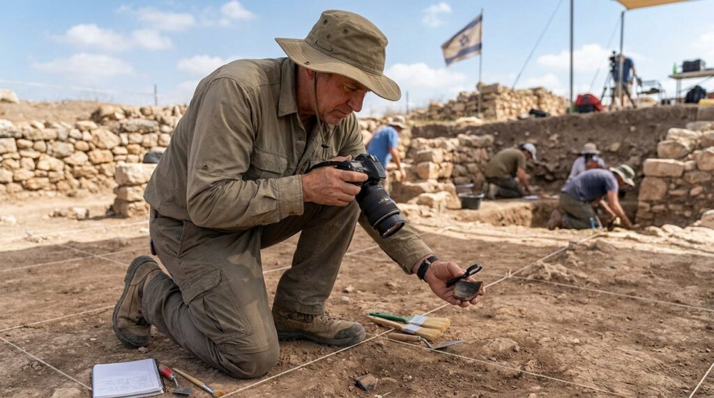 Israeli archaeologist photographing pottery shards at an excavation site.