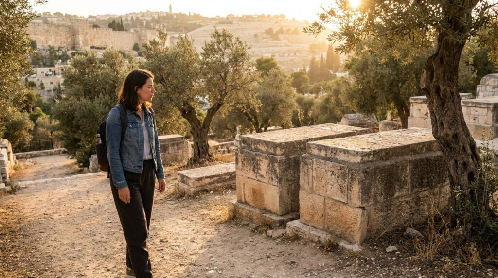 Israeli woman walking through Jehoshaphat Valley in evening light.