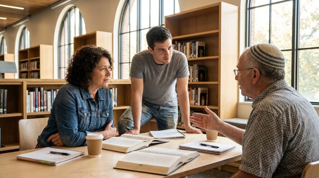 Diverse group discussing in a library, including secular and religious Israelis.