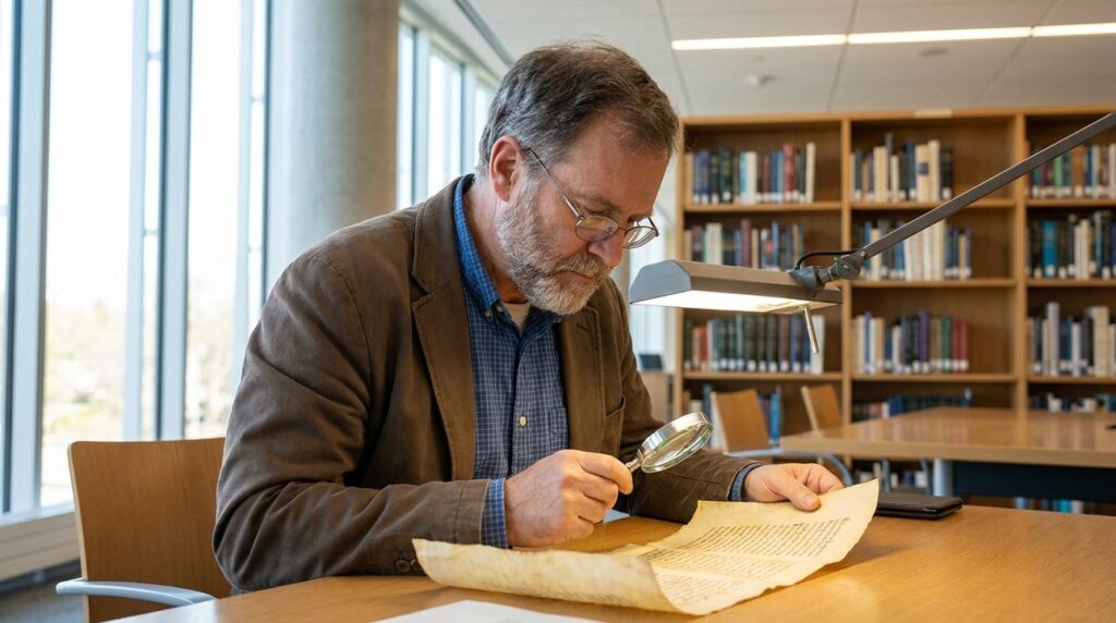 Israeli historian examines ancient manuscripts in a modern library setting.