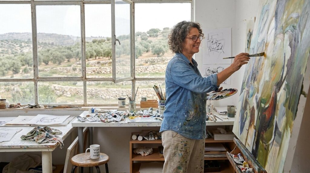 Israeli artist painting a canvas in a sunlit studio, scenic backdrop.