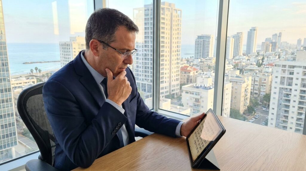 Israeli man in suit reads historical texts on tablet in office.
