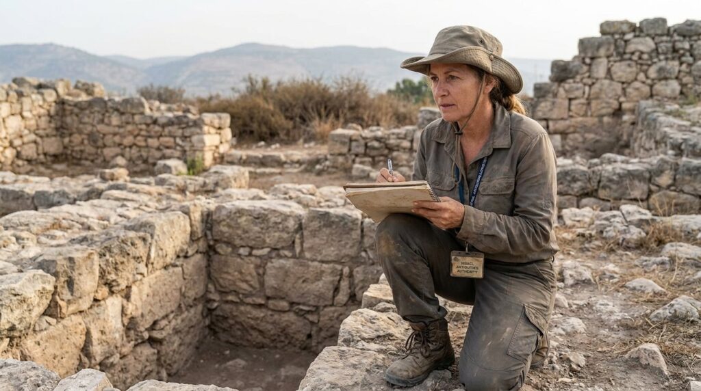 Middle-aged Israeli archaeologist examining ruins at Tirzah with a notebook.