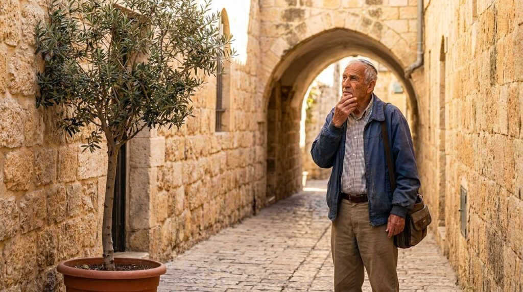 Elderly Israeli man in casual clothes, standing in sunlit alleyway.