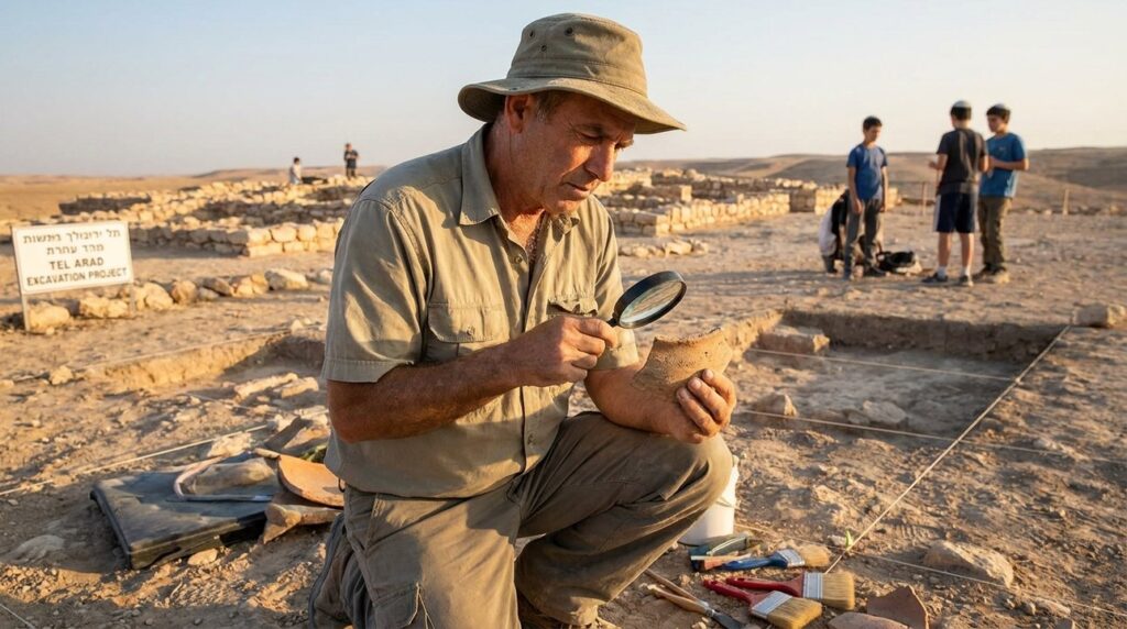 Israeli archaeologist examines pottery shards at Negev Desert dig site.