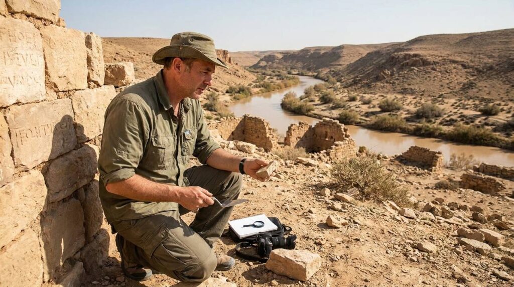 Historian in field outfit examining ancient ruins near Zered river.
