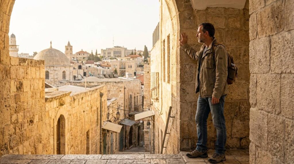 Middle-aged Israeli man in casual clothes contemplating Jerusalem ruins.