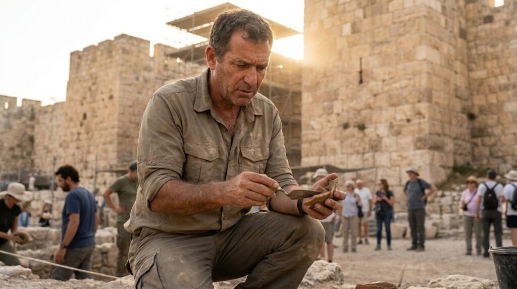 Israeli archaeologist examines pottery shards at City of David site.