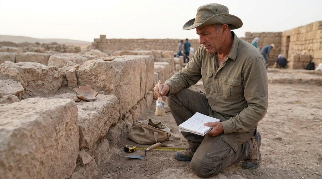 Archaeologist examines ancient ruins in Syria, holding brush and notebook.