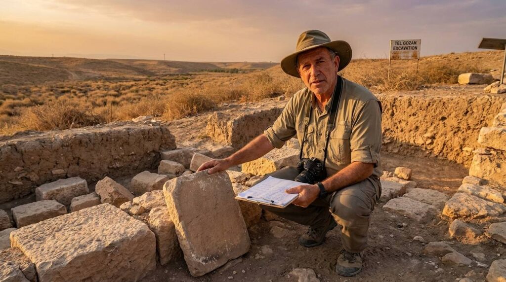Israeli archaeologist examining ruins with clipboard and camera in Gozan.