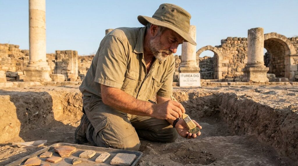 Israeli archaeologist examines Roman coin at Greek ruins in Iturea.