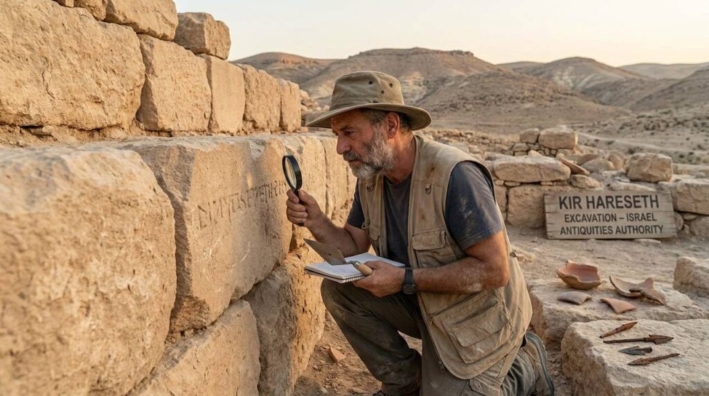 Israeli archaeologist examines ancient fortifications at Kir Hareseth archaeological site.
