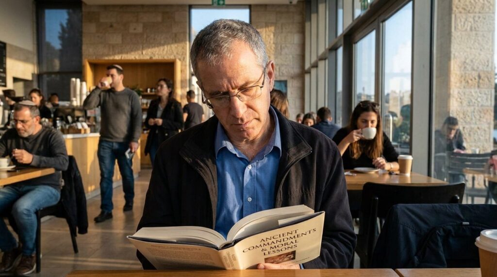Israeli man reads historical book in sunlit Jerusalem café.