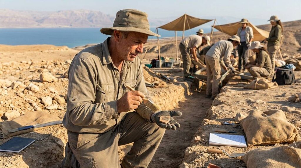 Israeli archaeologist examines ancient artifacts near the Dead Sea.