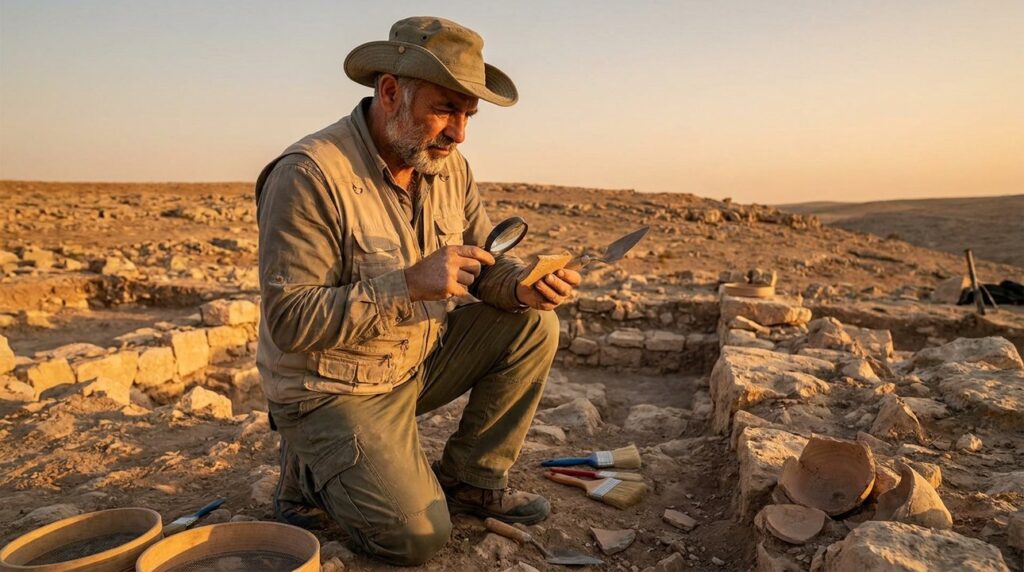Middle Eastern archaeologist examines pottery at Batanea dig site.