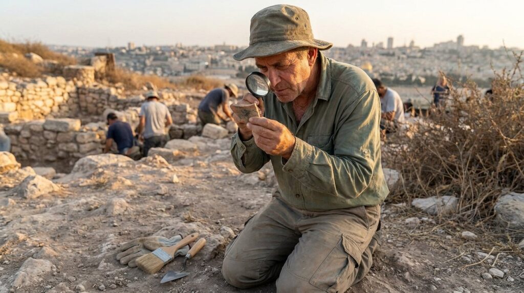 Israeli archaeologist examines pottery shards at Jerusalem dig site.