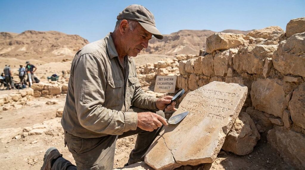 Israeli archaeologist examines ancient ruins in desert under clear sky.