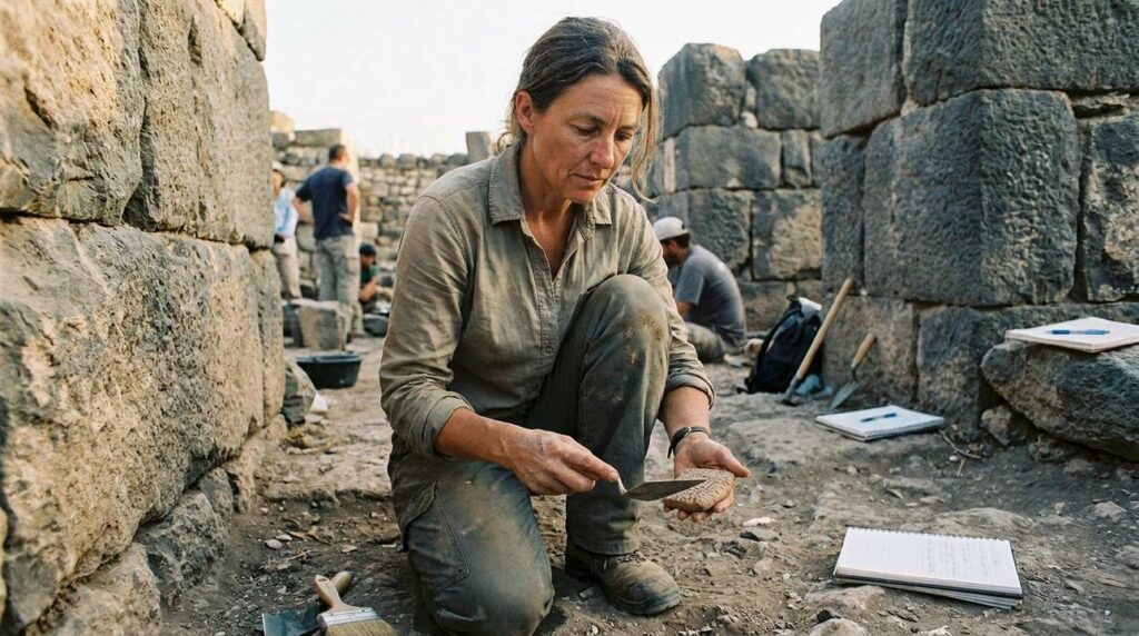 Archaeologist examining ancient ruins at Hazor, Israel with tools in hand.