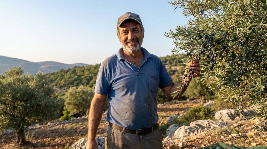 Farmer inspects ripe olives in grove near Marjaayoun.