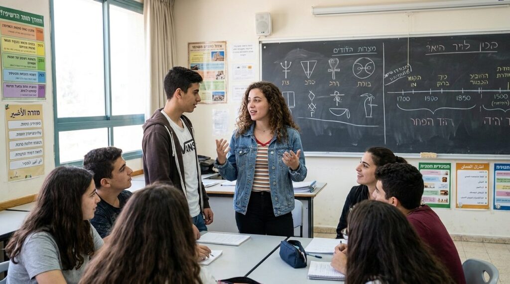Diverse Israeli students discuss ethics in a bright classroom setting.