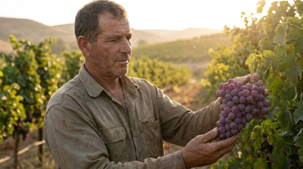 Israeli farmer examines grapes in lush Eshcol vineyard at sunset.