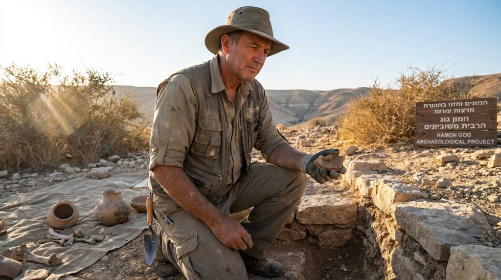 Israeli archaeologist examines ancient artifacts at Hamon Gog site.