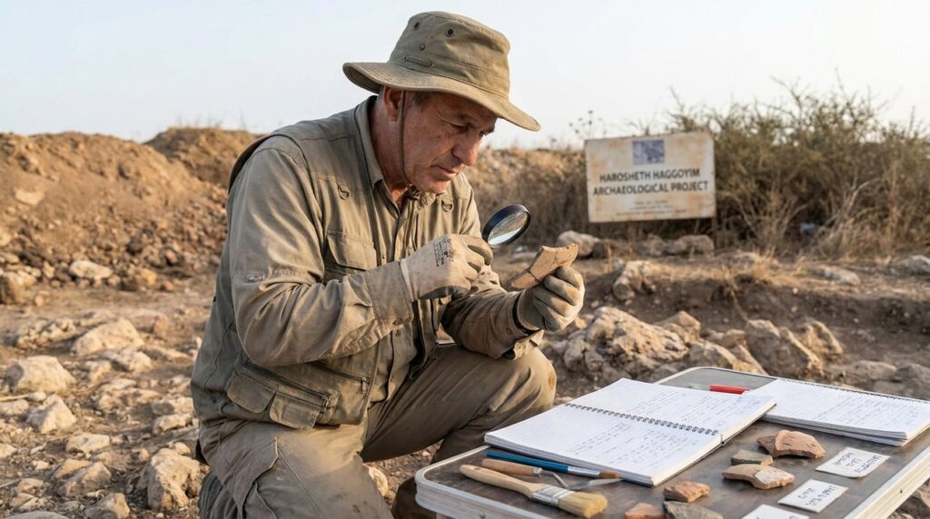 Middle-aged Israeli archaeologist examines pottery shards at Harosheth Haggoyim.