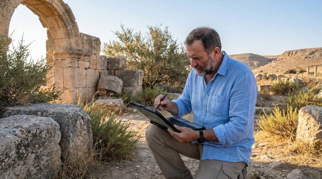 Israeli historian examines ancient ruins, taking notes on digital tablet.